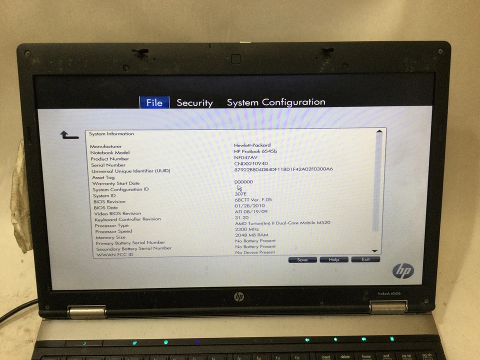 HP PROBOOK 6545B - BOOTS TO BIOS - AMD TURION 2 - 2GB RAM - READ DESCRIPTION -BB - Image 3 of 4