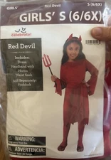 Red Devil Costume Girls Small (6/6X) 3 Pc Dress Headband Sash Halloween NEW!