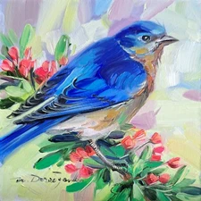 Hand-Painted Bluebird Original Oil Painting  4x4 in Nature Lover Gift Framed