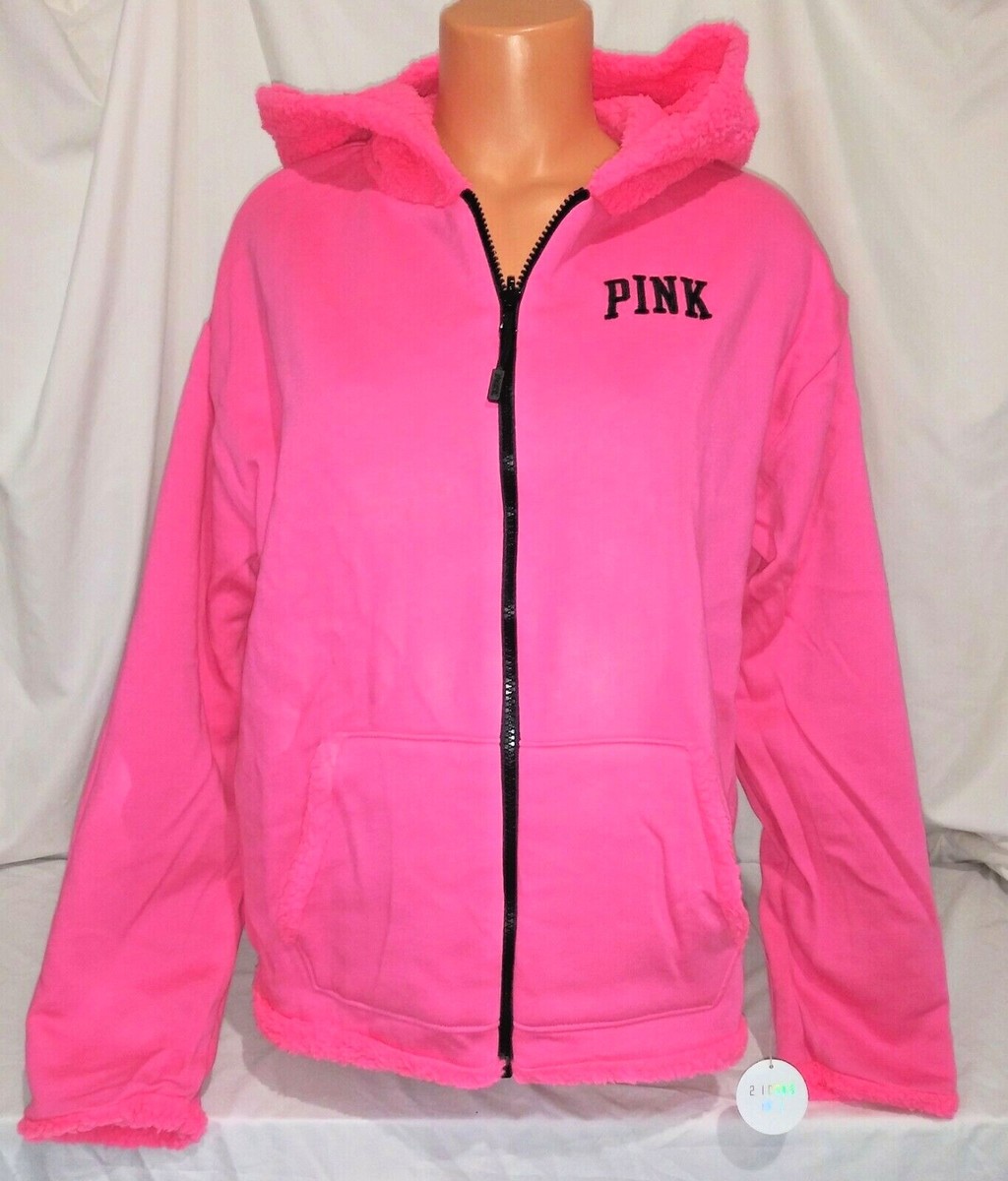 Victorias Secret Pink NEON SHERPA REVERSIBLE FULL ZIP Hoodie 