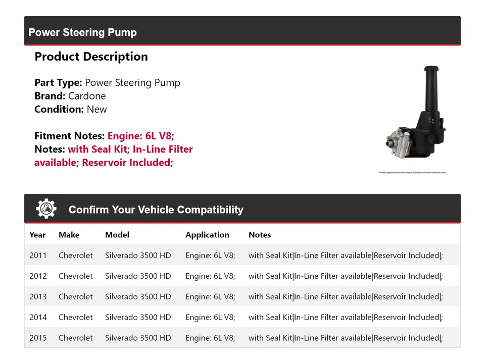 For 2011-2015 Chevrolet Silverado 3500 HD 6L V8 Power Steering Pump Cardone 2012 - Image 2 of 4