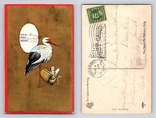 Cigüeña con anillos de bebé timbre postal 1909 dorado en relieve parte posterior dividida