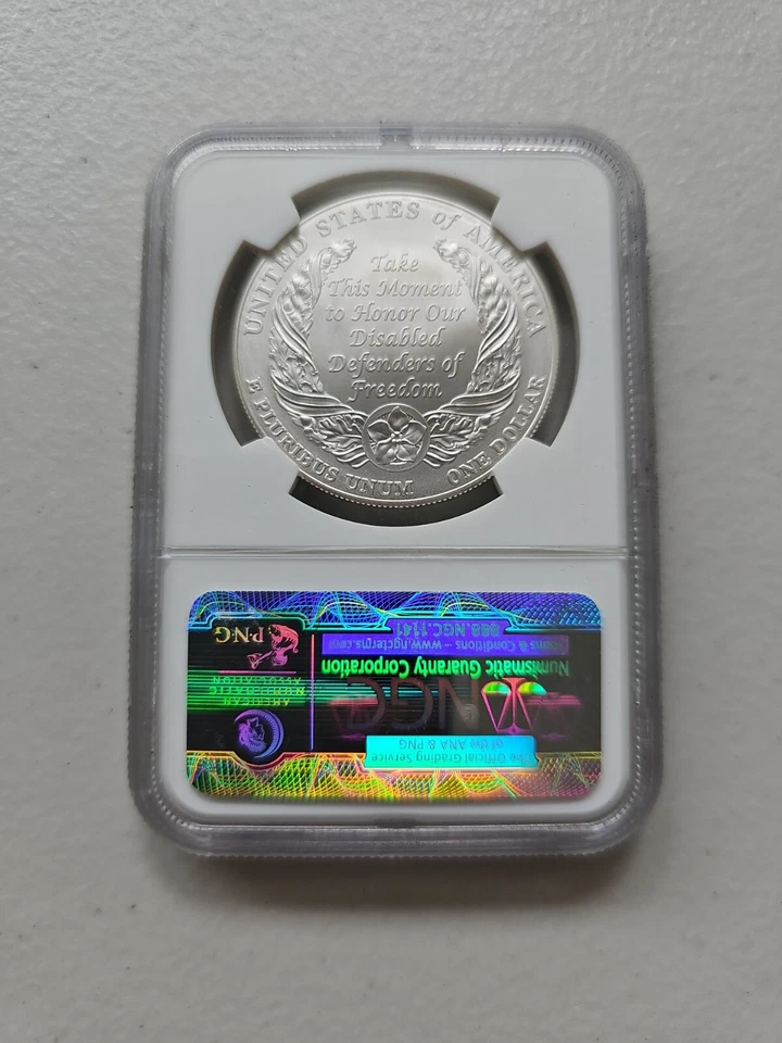 2010-W $1 Silver NGC MS70 Disabled Veterans Dollar 90% Coin Cert# 3399984-004 - Image 2 of 4