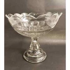 Antique American Flint Glass Large Thumbprint Footed Pedestal Compote Scalloped 