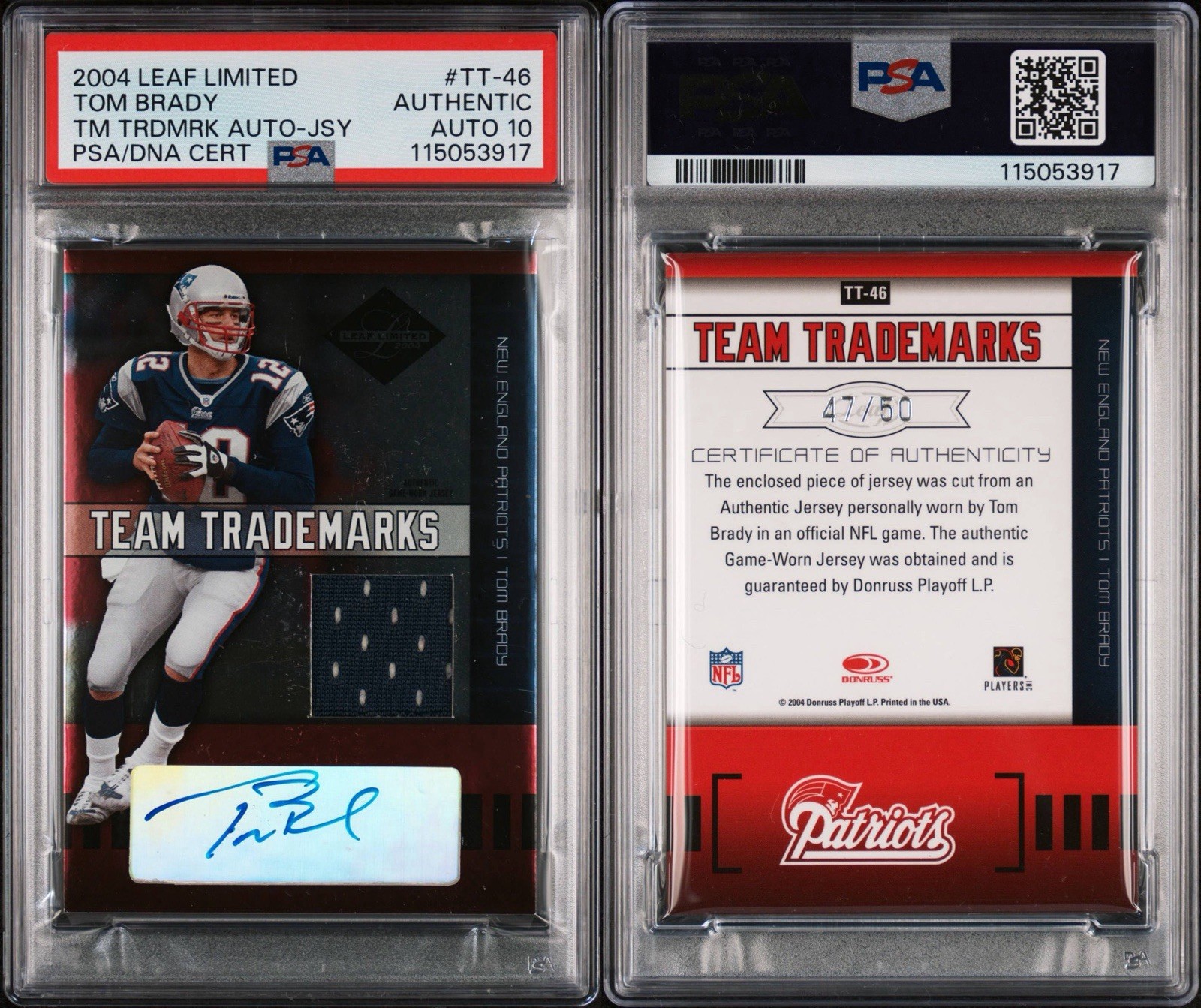 2004 Leaf Limited Tom Brady Team Trademarks Jersey 47/50 PSA Authentic Auto 10 view 3