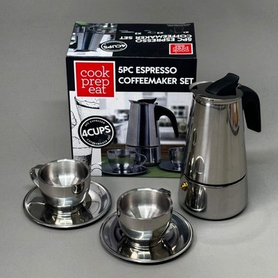 COOK PREP EAT 5-Piece Stainless Steel Espresso Coffee Maker w/ Cups Set 13435193