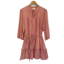 LC LAUREN CONRAD Size XL Pink Eyelet Long Sleeve Full Ruffle Hem Dress