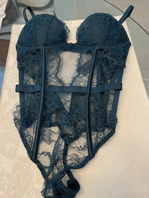 Victoria s Secret Forest Green Sheer Mesh Lace Bodysuit Teddy Thong Size XS