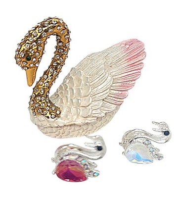 Swan Trinket Box & Minis Gold White Pink Enameled Rhinestone Magnetic Hinged