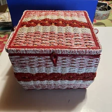 Vtg JC Penney's Sewing Box / Basket Puff Stitch Flowers Japan Red & White