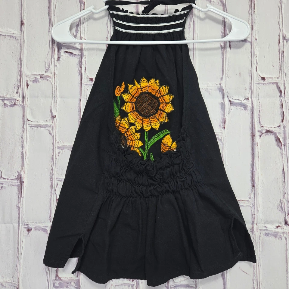 Embroidered Black Sunflower Halter Top Smocked Waist Beach Festival Boho Sz XXS - Image 4 of 4