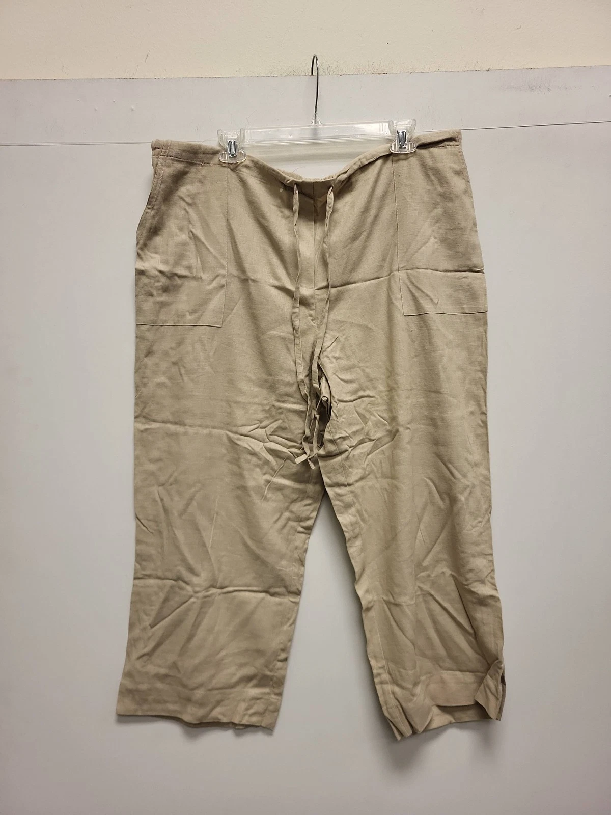 Riatas Women's 2X Beige Linen Capri Pants Drawstring Elastic Waist Plus Size