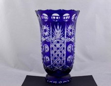 EXCLUSIVE BOHEMIAN COBALT BLUE CUT TO CLEAR VASE WITH SCALLOPED EDGE - MINT
