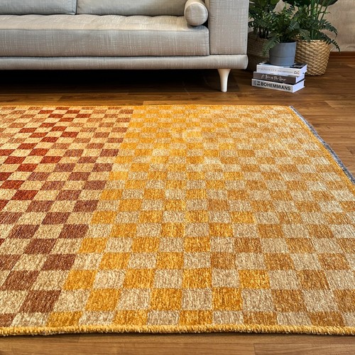 Alfa Rich Checkered Orange Gold Cream Washable Area Rugs for Living Room Bedroom - Picture 3 of 54