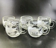 5 Vintage NESTLE Nescafe Etched Clear Glass World Globe Map Coffee Mugs Cups