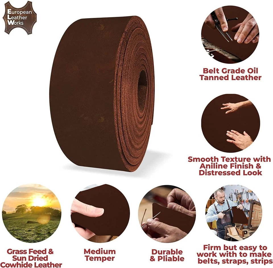 ELW 8-10 oz. (3-4mm) Straps Belts Strips Full Grain Leather Grass Fed Cowhide - Image 3 of 4