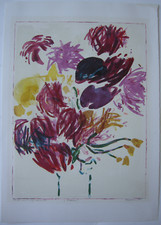 Oskar Koller aquarellierte Lithographie  Blumenstilleben Astern 44/88 sign 1985