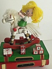 Vintage Christmas Wooden Musical Rocking Horse Wind Up Blonde Girl Gifts SLOW