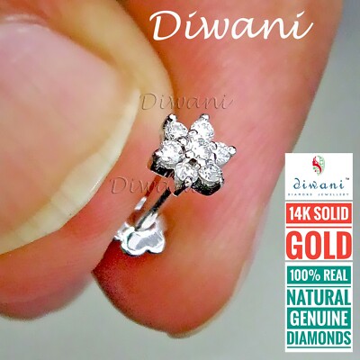 Natural 7 Si Diamonds Flower Wedding Nose Lip Labret Piercing Stud  Screw Ring