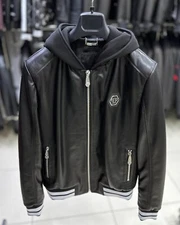 Philipp Plein Men's Black Hooded Lambskin Genuine Leather Bomber Jacket