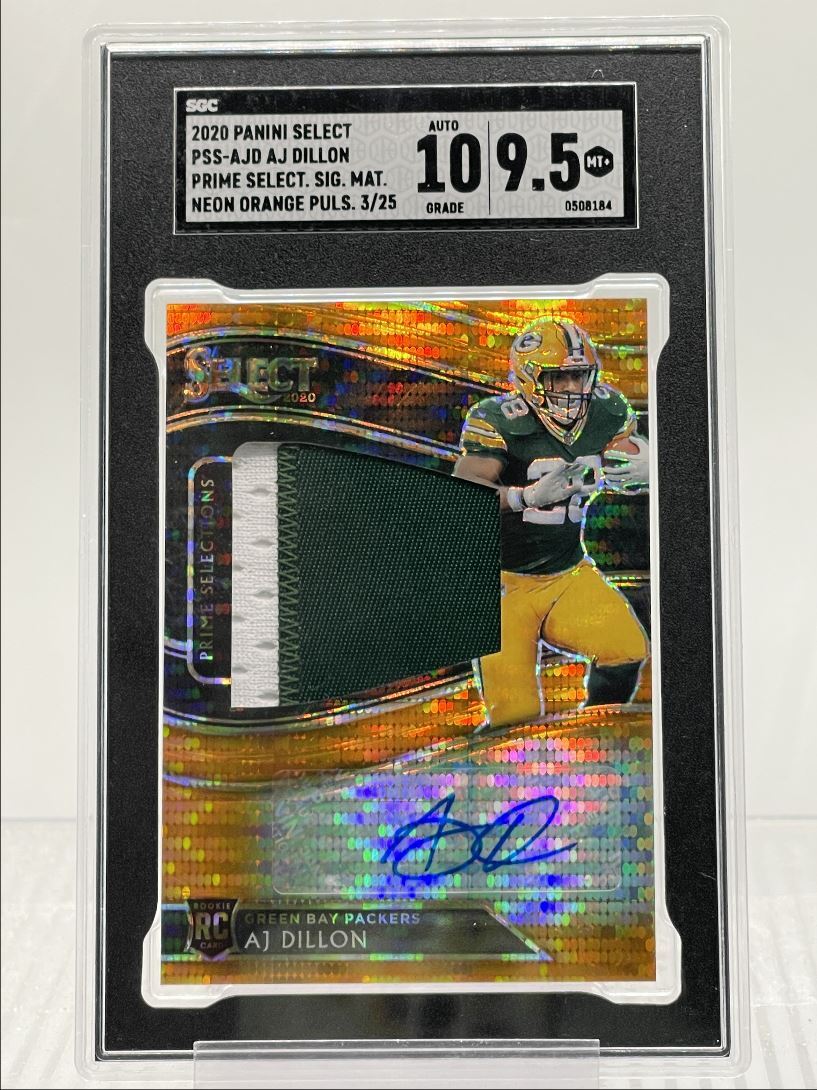 AJ Dillon Panini Select Prime Selections Prizm Signatures #PSSAJD Neon Orange Pulsar
