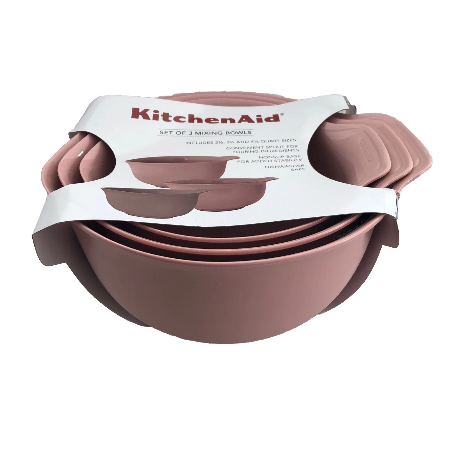New KitchenAid Dried Rose Pink HDRA Set of 3 Mixing Bowls 2.5, 3.5, 4.5 Quart