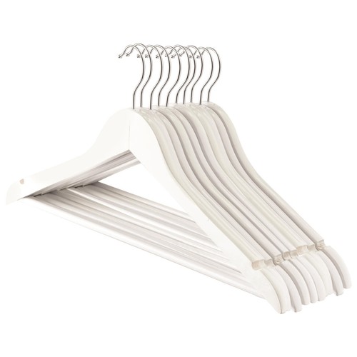 10x White Wooden Coat Hangers Strong Adult Suit Clothes Hanger with Trouser Bar