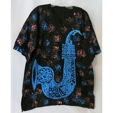 AFRICAN Handmade Dashiki Mens Shirt Saxophone Short Sleeve Black Blue One Size