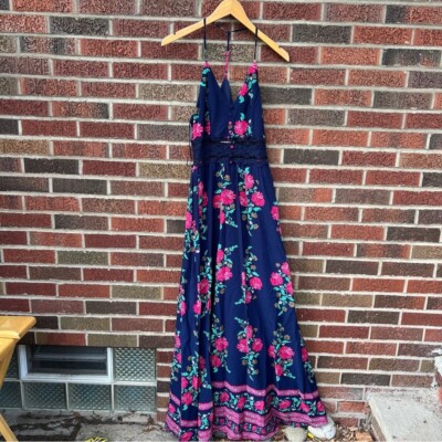 Pink Lily Navy Blue and Pink Rose Spaghetti Strap Racerback Maxi Dress |  eBay