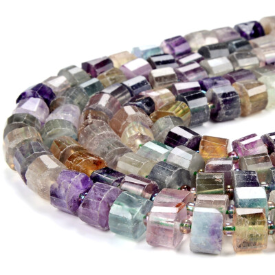 10X6MM Natural Rainbow Fluorite Gemstone Faceted Cylinder Wheel Tube Beads(D416)