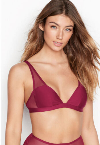 VICTORIA'S SECRET Luxe Size L Unlined Mesh Plunge Burgundy Bralette Bra