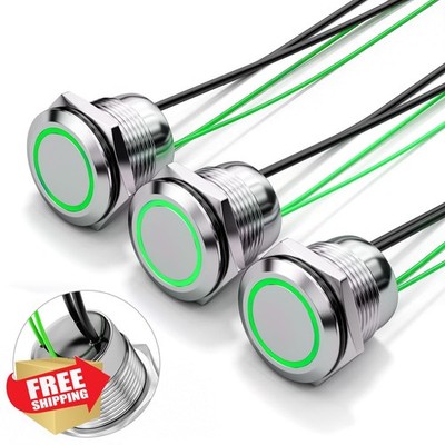 FILN 19MM LED Push Button Switch, Green, 12V 20A DC Waterproof Momentary