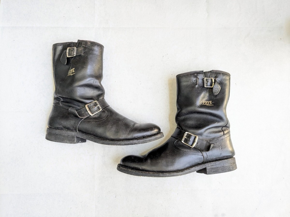 Frye Engineer Boots Black Leather Men 9 D Buckle Rubber Straps