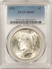 1922 $1 PEACE DOLLAR - PCGS MS-65, BLAST WHITE!