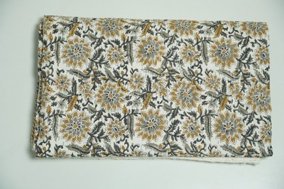 Mustard Grey Floral Kantha Quilt Cotton Handmade Elegant Bedspread Throw