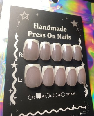 Pink Chrome French Tip PressOn Nails Medium Short Coquette Aesthetic Handpainted