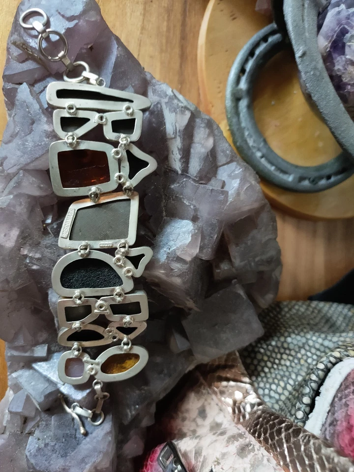 Bracelet Real Sterling Silver Real Ammolite, Amber And Fossil 8 Pollici - Immagine 2 di 4