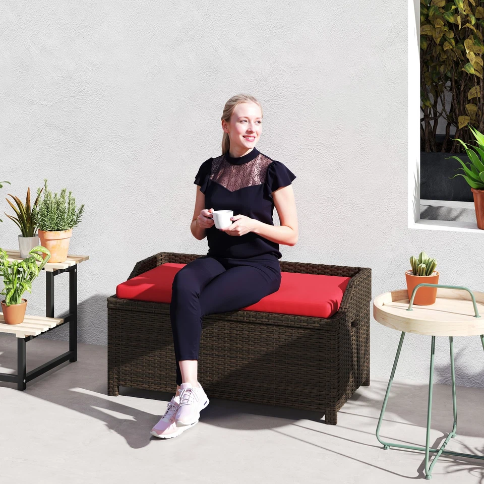 Outdoor Wicker Storage Bench With Storage & Cushion, Red - Image 2 of 4