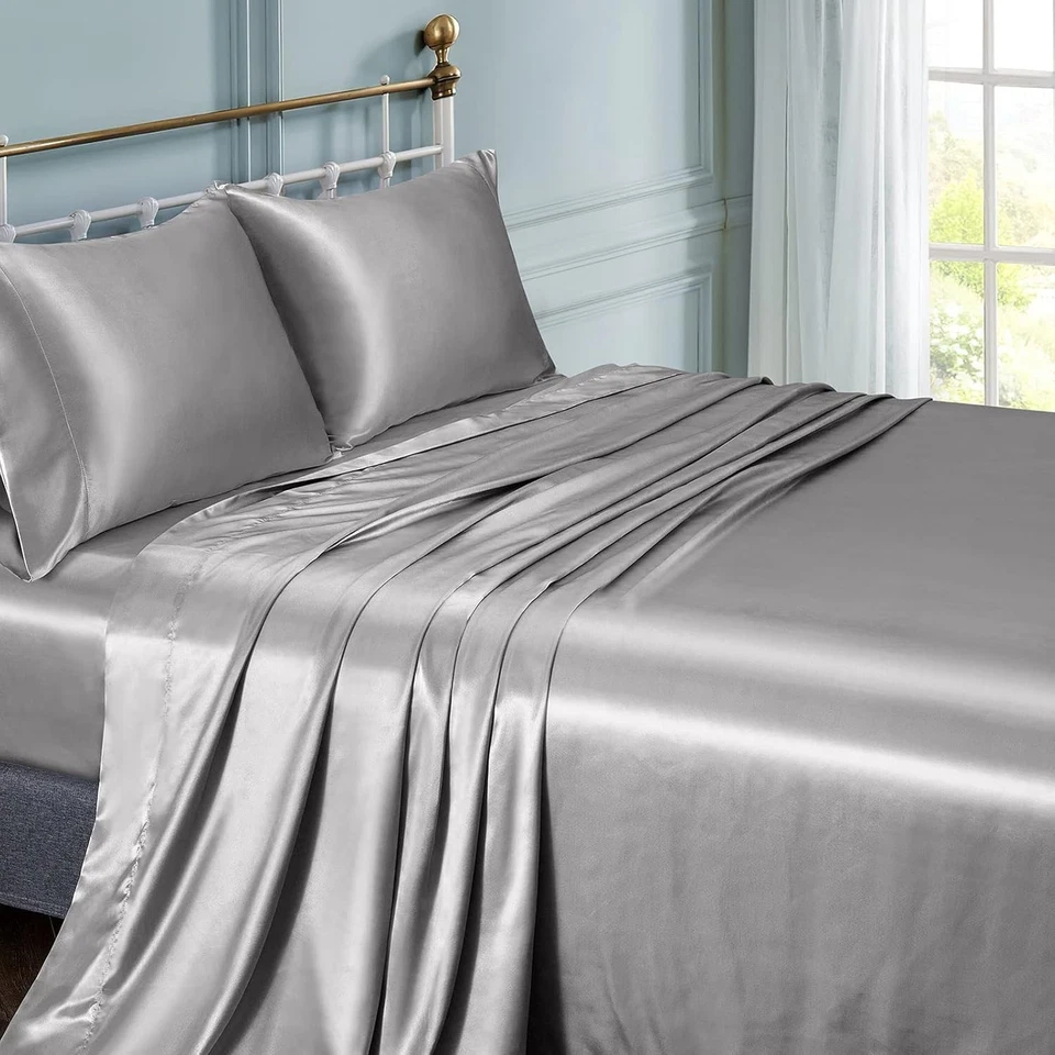 Silky Satin Sheets Full Size Bed Sheet Set Soft Satin Bed Sheets Silver Grey - Image 4 of 4