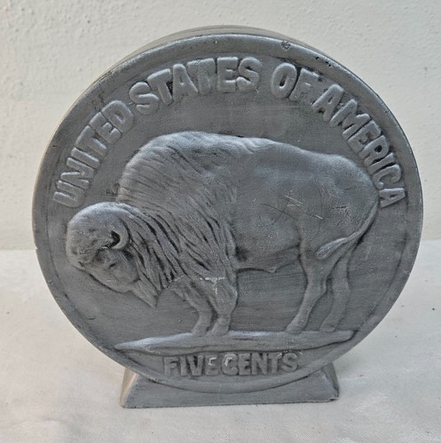 Ceramic 1913 Buffalo Nickel Coin Bank Piggy Bank w Patina MISSING Bottom