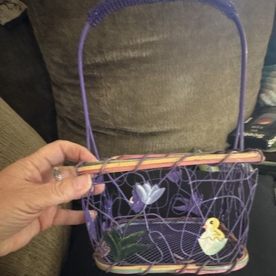 Purple Wire Decorative Basket w/ Handle, Easter Chick & Tulip Accents Small