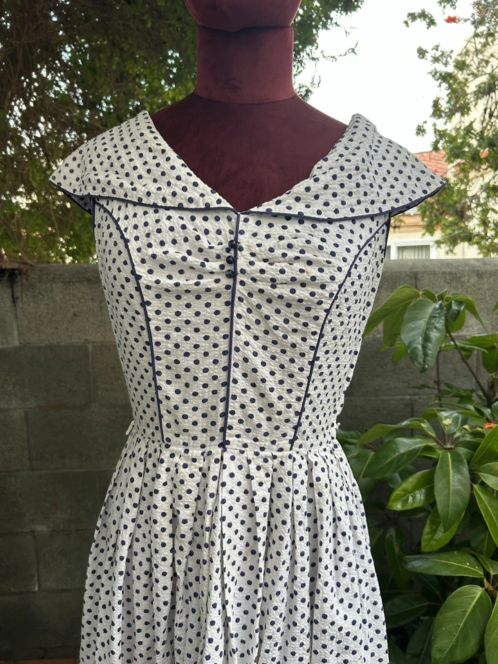 Vestido de Verano Koret of CA Vintage Algodón Seersucker Blanco Azul Polkadot Años 50 XS Foto 3 de 4