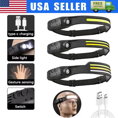 COB LED Headlamp USB Rechargeable Headlight Bar Head Band Torch Work Light 6000K