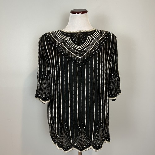 80s Beaded Silk Blouse Size Small Black White Stripe Boxy Oversized Vintage - Image 1