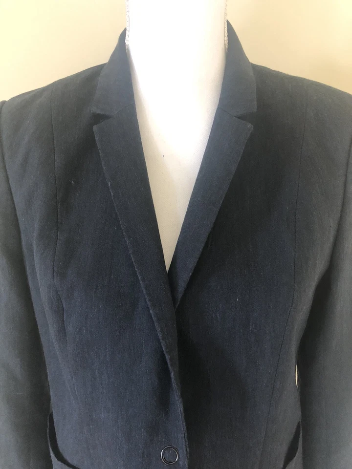 Blazer Chaqueta Elie Tahari Talla 10 Azul Marino Con Cordones Adornado Lino Poli Informal Foto 3 de 4