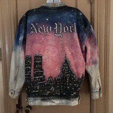 Vintage New York City Twin Towers Denim Jacket L Painted And Embellished 911
