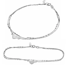 Sterling Silver Heart Beaded Double Chain Anklet Bracelet