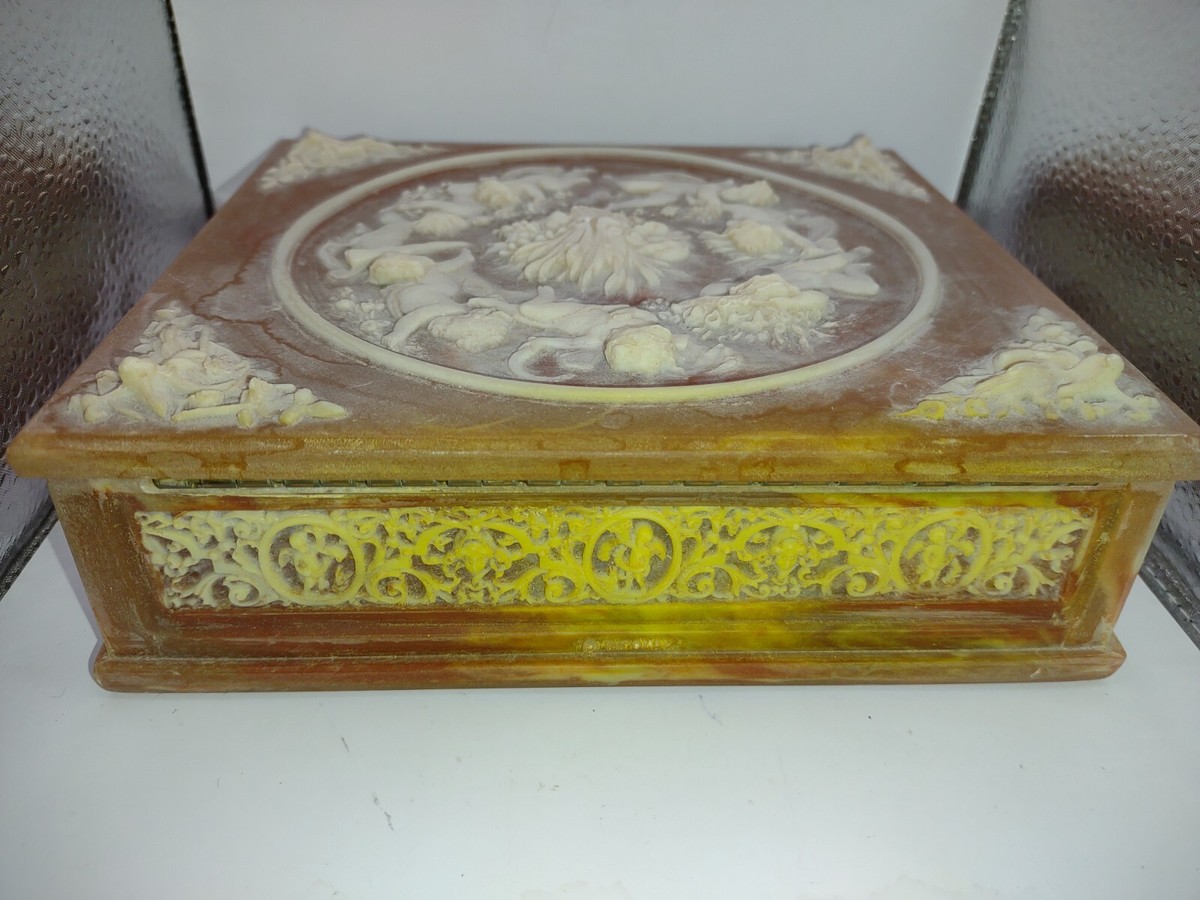 Vintage Incolay Stone Jewelry Keepsake Box Cherub Angels