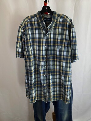 VTG Ralph Lauren Yellow Blue Plid SHORT SLEEVE BUTTON UP SHIRT XL Extra Large 