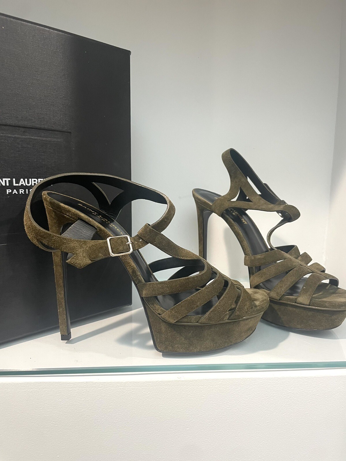 NUOVI SANDALI SAINT Laurent sexy pelle scamosciata bianca plateau cachi marrone pelle scamosciata con scatola